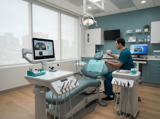 Sala de atención odontológica moderna y luminosa en el consultorio de Villa Urquiza